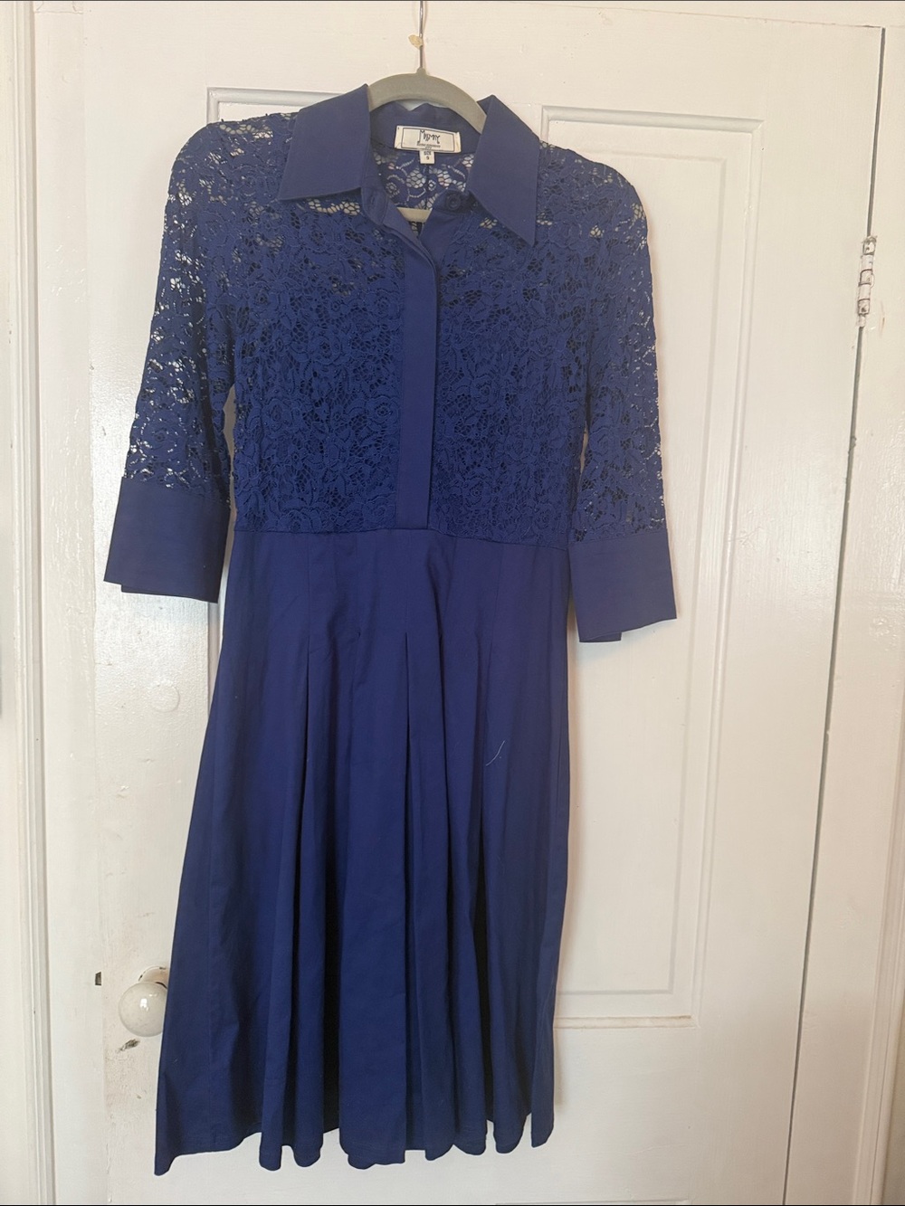 Navy Lace-Top Collared Midi Dress